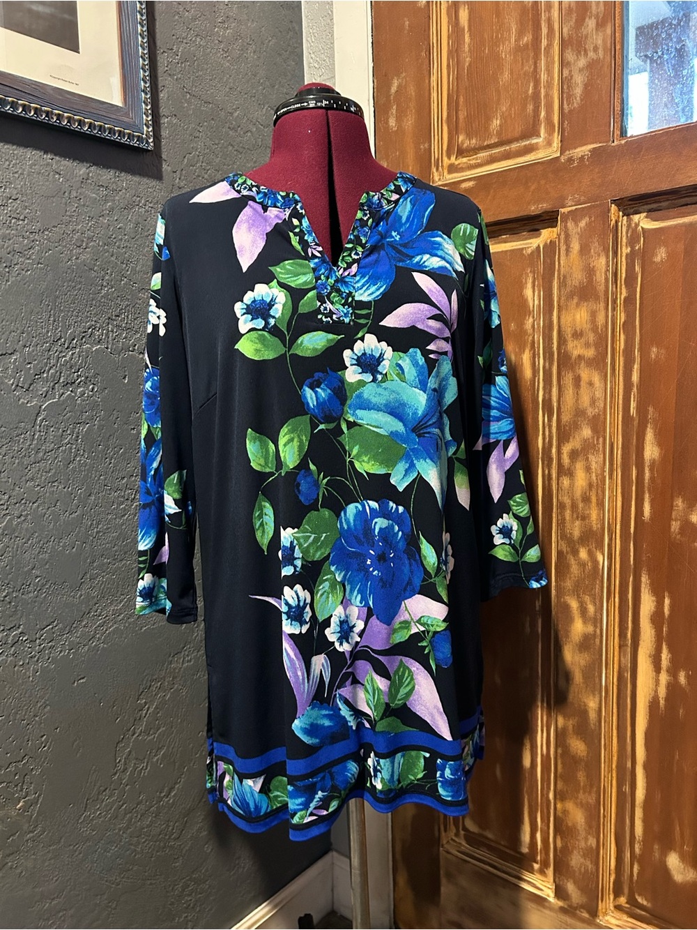 Susan Graver Black Floral V-Neck Tunic with Blue, Green & Purple Blooms